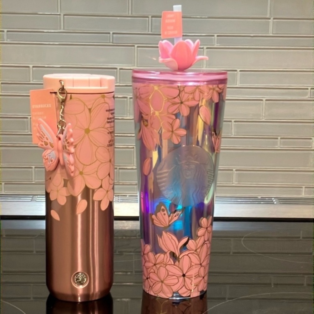 Starbucks Pink Floral butterfly flower topper Tumbler bundle NWT